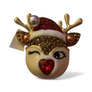 Betsey Johnson Christmas Rudolph Reindeer Broach Pin Gold Tone Red Heart Pearl